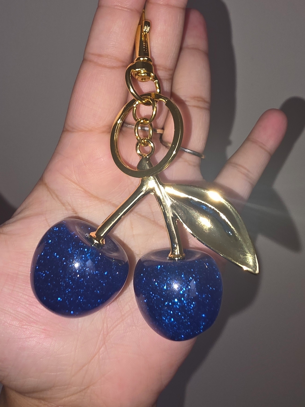 Gold Cherry Keychain with Blue Glitter Charms